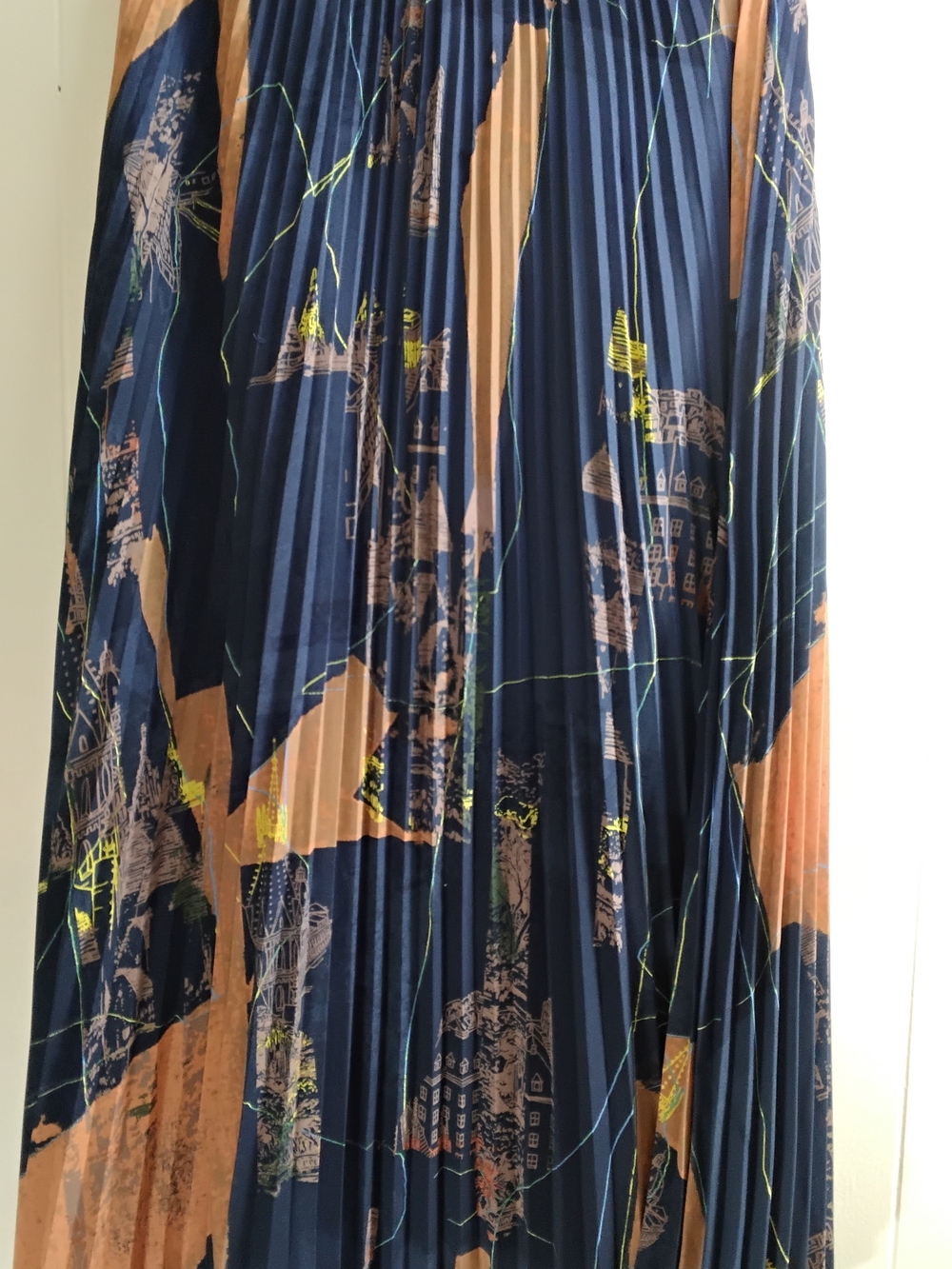 Babaton Navy Pleated Midi Skirt with Tan and Neon Accents - Picture 2 of 4